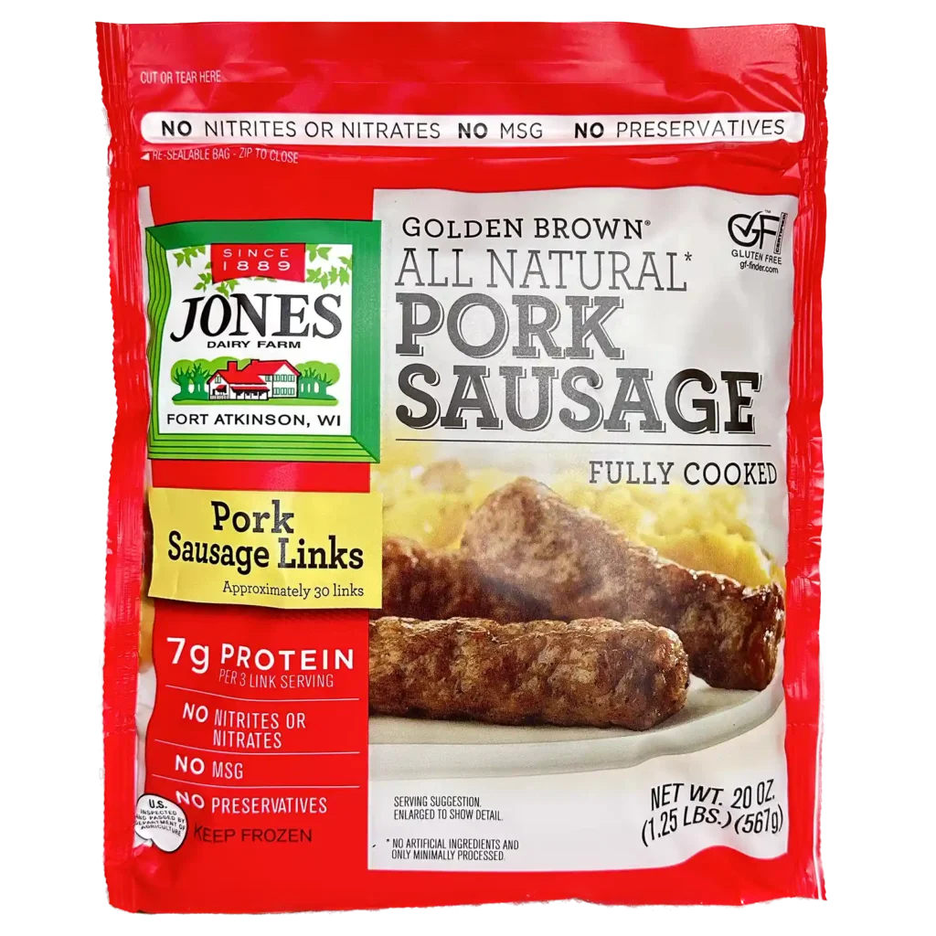 Jones Dairy Farm Golden Brown All Natural Pork Sausage Links, fully cooked, 20 oz resealable bag with approximately 30 pork links. Gluten Free certified.