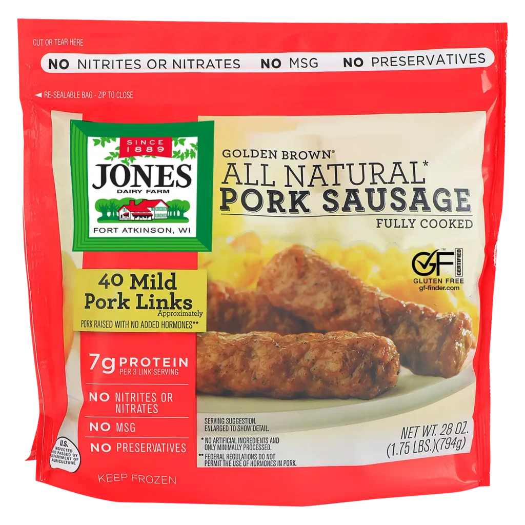 Jones Dairy Farm Golden Brown All Natural Pork Sausage Links, fully cooked, 28 oz resealable bag with approximately 40 pork links. Gluten Free certified.