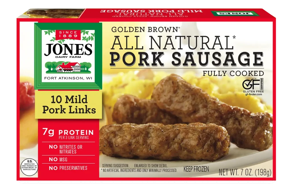 Jones Dairy Farm Golden Brown All Natural Pork Sausage Links, fully cooked, 7 oz box with 10 pork links. Gluten Free certified.
