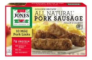 Jones Dairy Farm Golden Brown All Natural Pork Sausage Links, fully cooked, 7 oz box with 10 pork links. Gluten Free certified.