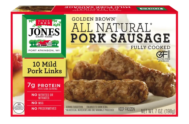 Jones Dairy Farm Golden Brown All Natural Pork Sausage Links, fully cooked, 7 oz box with 10 pork links. Gluten Free certified.