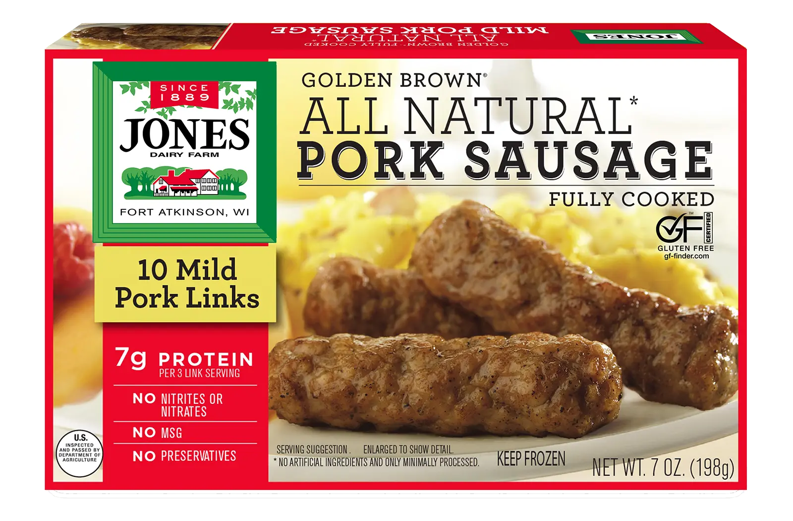 Jones Dairy Farm Golden Brown All Natural Pork Sausage Links, fully cooked, 7 oz box with 10 pork links. Gluten Free certified.