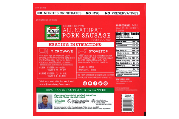 Jones Golden Brown All Natural Pork Sausage Links 28 oz Back, Jones Dairy Farm Pork Sausage Links, Jones All Natural Pork Sausage, Precooked Pork Sausage