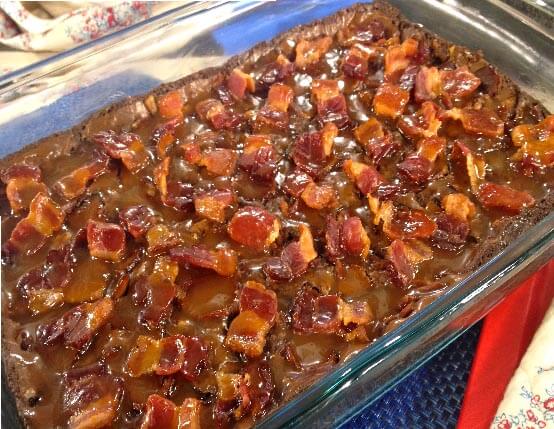 Pecan Bacon Brownies with Bourbon Caramel Sauce