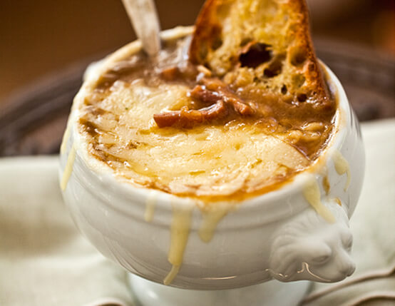 Caramelized Onion Soup with Gruyère and Garlic Crostini