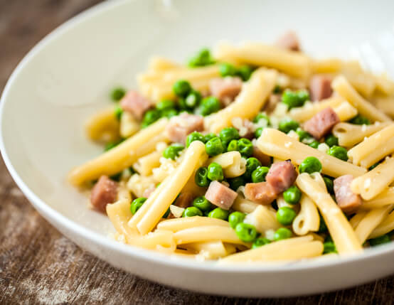 Pasta Carbonara with Ham and Sweet Peas