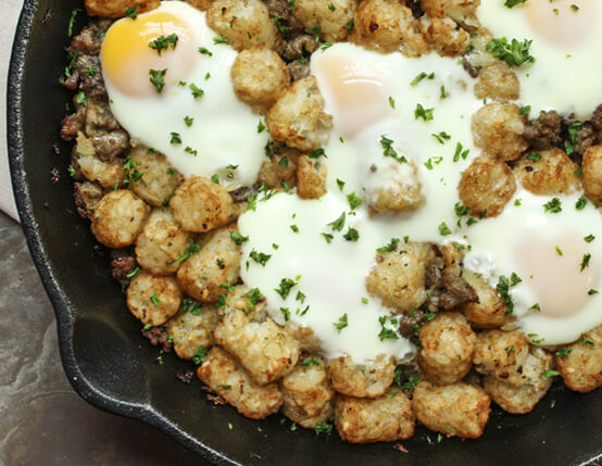 Breakfast Sausage and Tater Tot Skillet Bake