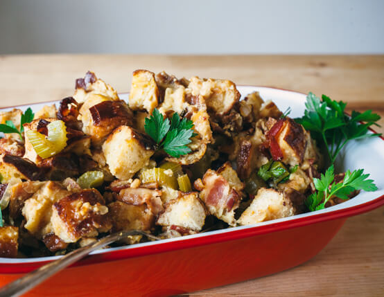 Soft Pretzel and Bacon Stuffing with Mustard and Beer