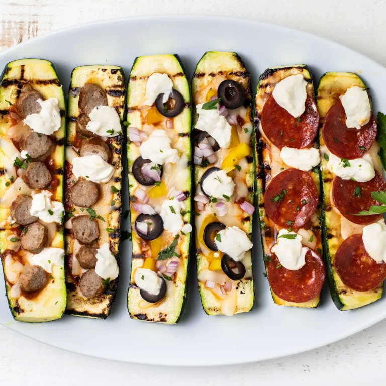 Six grilled zucchini halves arranged on an oval plate, each topped like a mini pizza: two with sliced turkey sausage, two with black olives, red onion, and yellow bell pepper, and two with pepperoni, all finished with dollops of ricotta and fresh herbs.