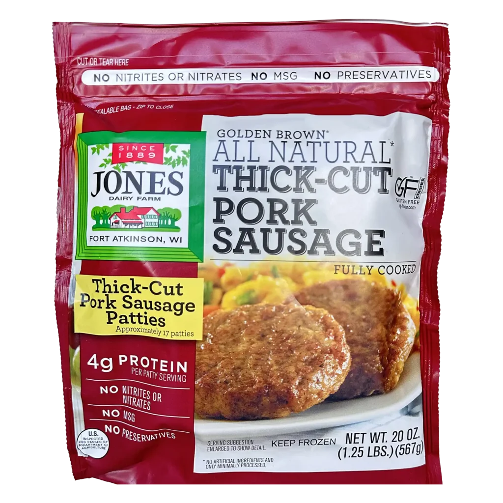 Jones Dairy Farm Golden Brown All Natural Thick-Cut Pork Sausage Patties, 20 oz. resealable bag (1.25 lbs., approximately 17 patties), fully cooked, no nitrites, nitrates, MSG, or preservatives, Certified Gluten-Free