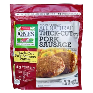 Jones Dairy Farm Golden Brown All Natural Thick-Cut Pork Sausage Patties, 20 oz. resealable bag (1.25 lbs., approximately 17 patties), fully cooked, no nitrites, nitrates, MSG, or preservatives, Certified Gluten-Free