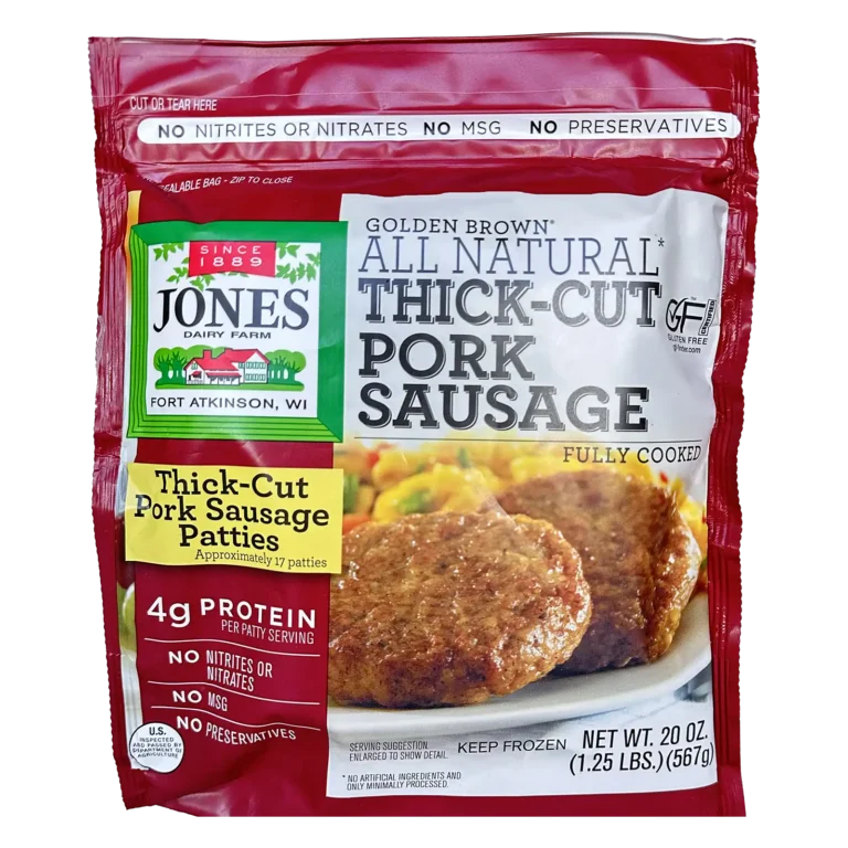 Jones Dairy Farm Golden Brown All Natural Thick-Cut Pork Sausage Patties, 20 oz. resealable bag (1.25 lbs., approximately 17 patties), fully cooked, no nitrites, nitrates, MSG, or preservatives, Certified Gluten-Free
