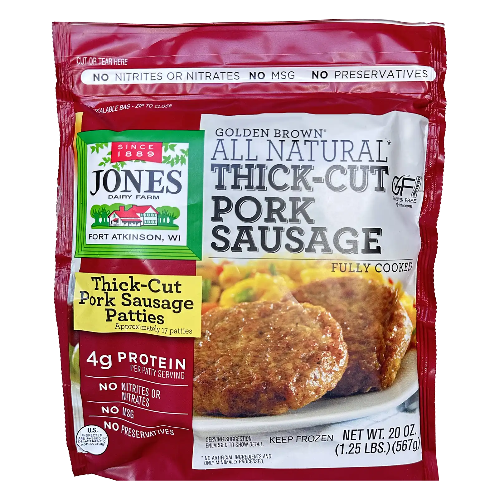 Jones Dairy Farm Golden Brown All Natural Thick-Cut Pork Sausage Patties, 20 oz. resealable bag (1.25 lbs., approximately 17 patties), fully cooked, no nitrites, nitrates, MSG, or preservatives, Certified Gluten-Free