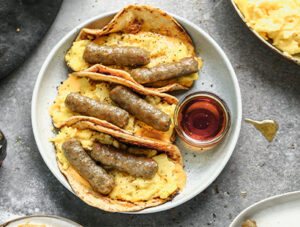 French Toast Sausage and Egg Tacos