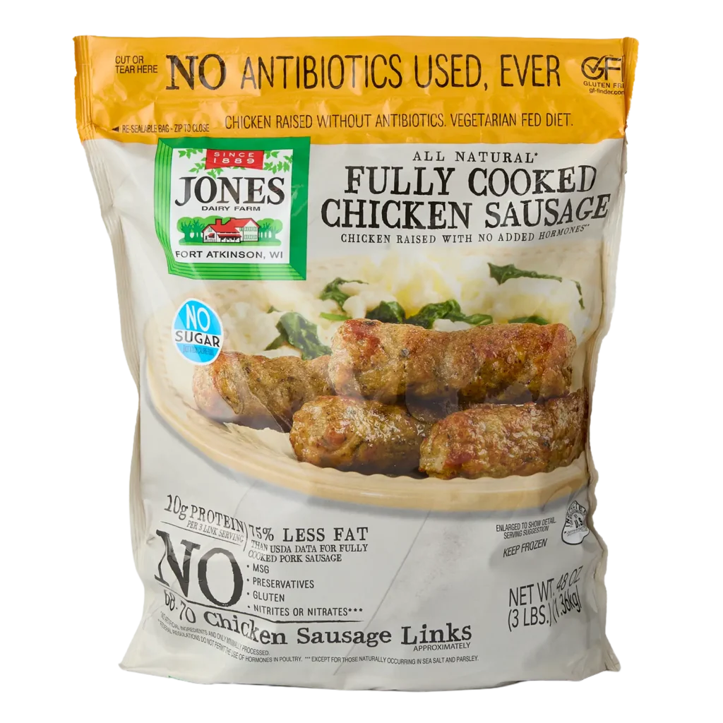 Jones Dairy Farm All Natural Fully Cooked Chicken Sausage Links, 48 oz.Jones Dairy Farm All Natural Fully Cooked Chicken Sausage Links, 48 oz. resealable Costco bag (3 lbs., approximately 68-70 links), No Antibiotics Ever, no sugar, Certified Gluten-Free.