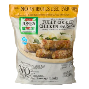 Jones Dairy Farm All Natural Fully Cooked Chicken Sausage Links, 48 oz.Jones Dairy Farm All Natural Fully Cooked Chicken Sausage Links, 48 oz. resealable Costco bag (3 lbs., approximately 68-70 links), No Antibiotics Ever, no sugar, Certified Gluten-Free.