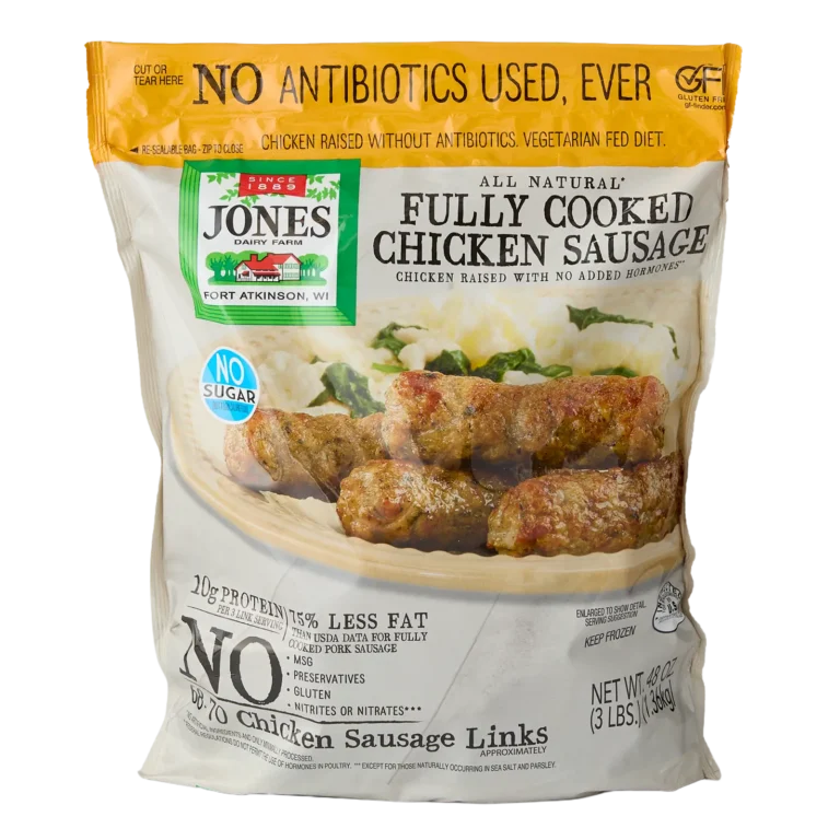 Jones Dairy Farm All Natural Fully Cooked Chicken Sausage Links, 48 oz.Jones Dairy Farm All Natural Fully Cooked Chicken Sausage Links, 48 oz. resealable Costco bag (3 lbs., approximately 68-70 links), No Antibiotics Ever, no sugar, Certified Gluten-Free.