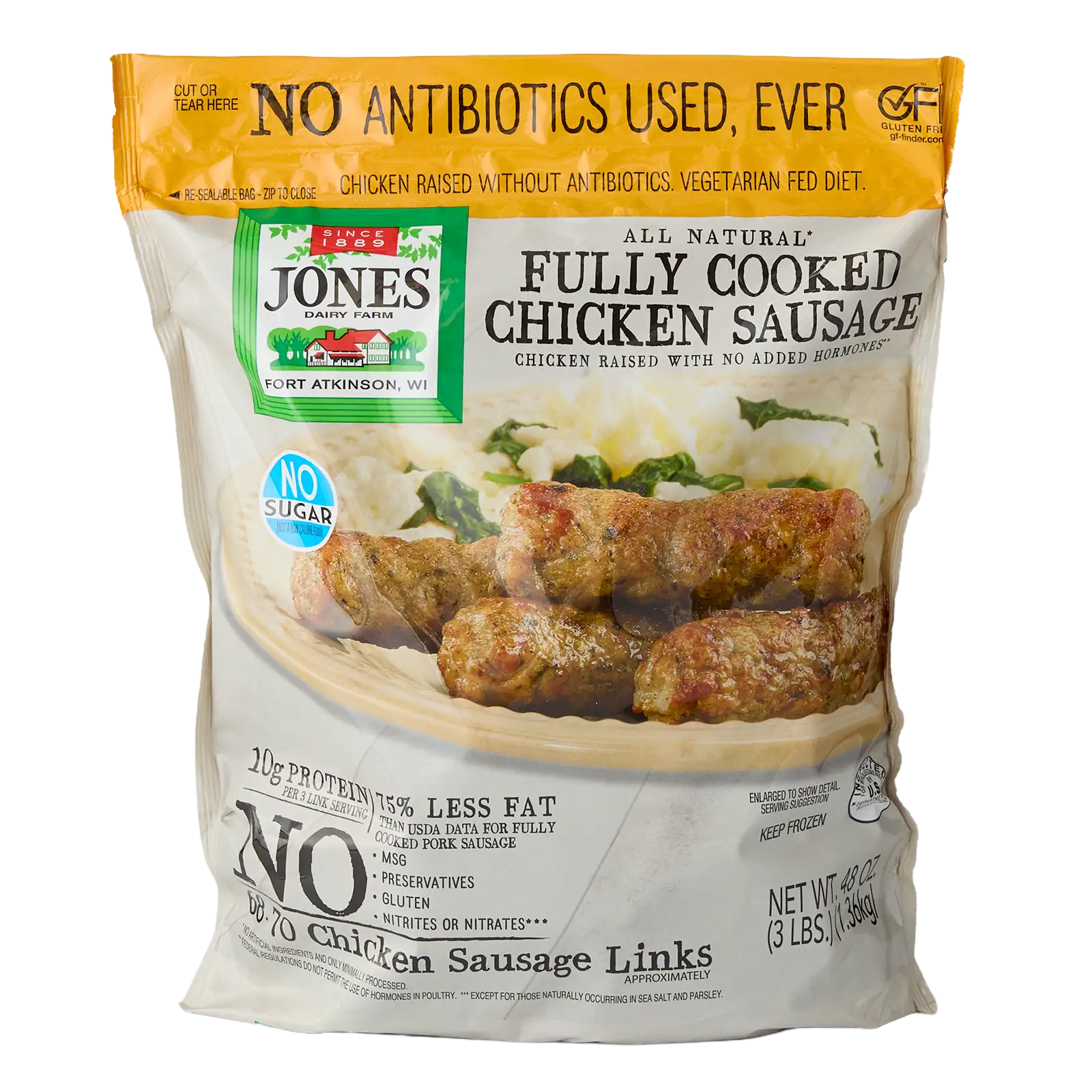 Jones Dairy Farm All Natural Fully Cooked Chicken Sausage Links, 48 oz.Jones Dairy Farm All Natural Fully Cooked Chicken Sausage Links, 48 oz. resealable Costco bag (3 lbs., approximately 68-70 links), No Antibiotics Ever, no sugar, Certified Gluten-Free.