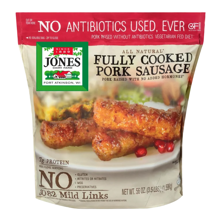 Jones Dairy Farm All Natural Fully Cooked Pork Sausage Links, 56 oz. resealable Costco bag (3.5 lbs., 80-82 mild links), No Antibiotics Ever, vegetarian fed, Certified Gluten-Free.