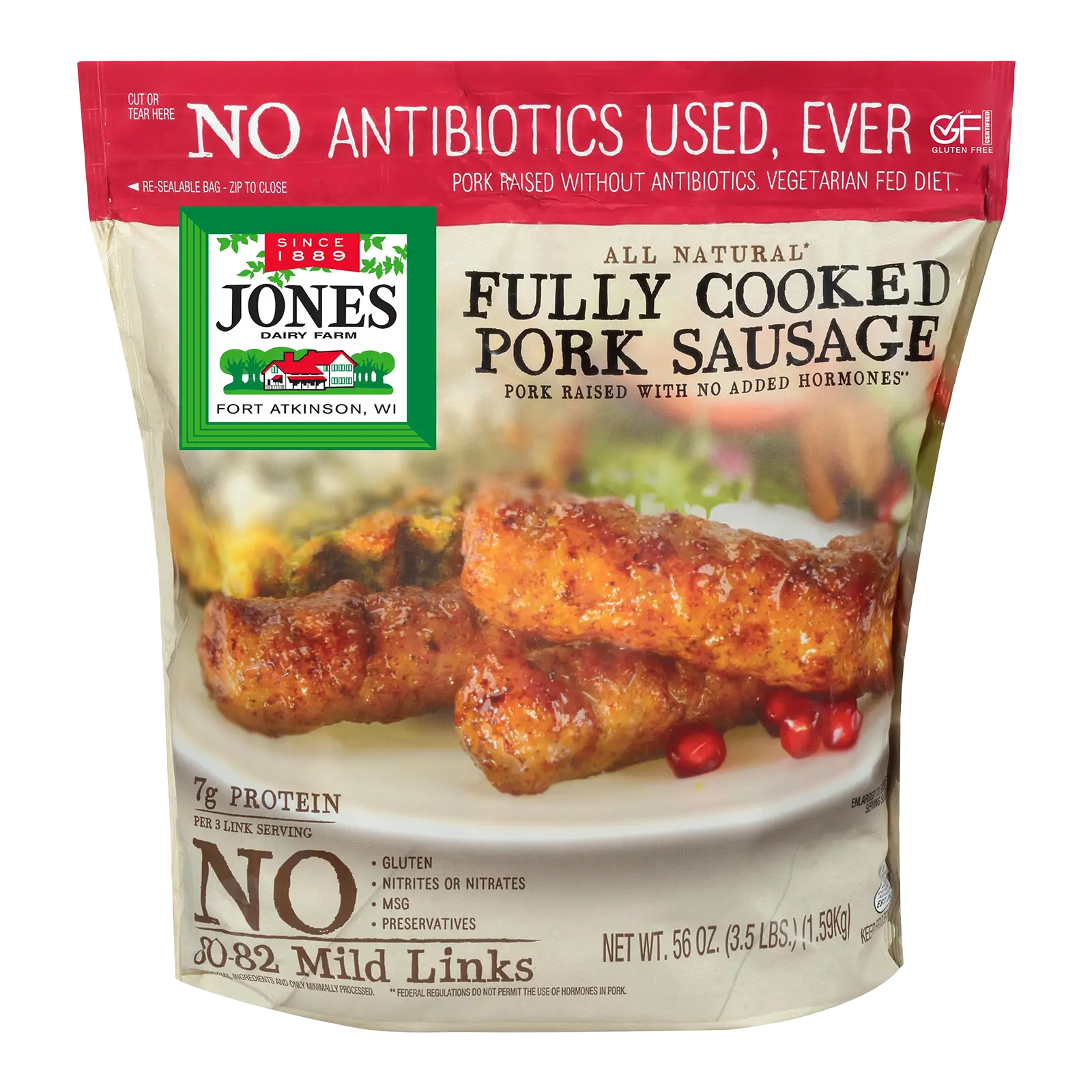 Jones Dairy Farm All Natural Fully Cooked Pork Sausage Links, 56 oz. resealable Costco bag (3.5 lbs., 80-82 mild links), No Antibiotics Ever, vegetarian fed, Certified Gluten-Free.