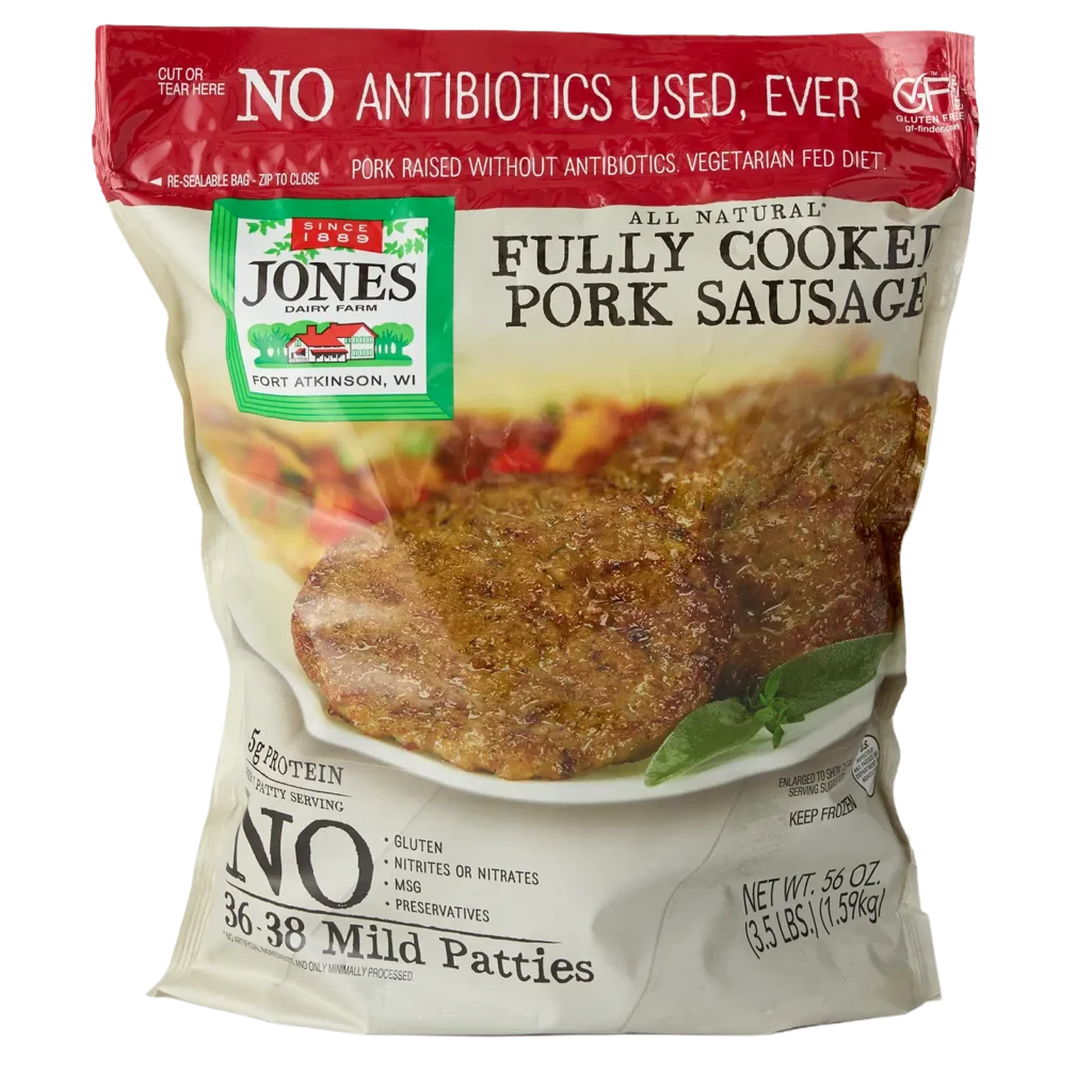 Jones Dairy Farm All Natural Fully Cooked Pork Sausage Patties, 56 oz. resealable Costco bag (3.5 lbs., 36-38 patties), No Antibiotics Ever, vegetarian fed, Certified Gluten-Free