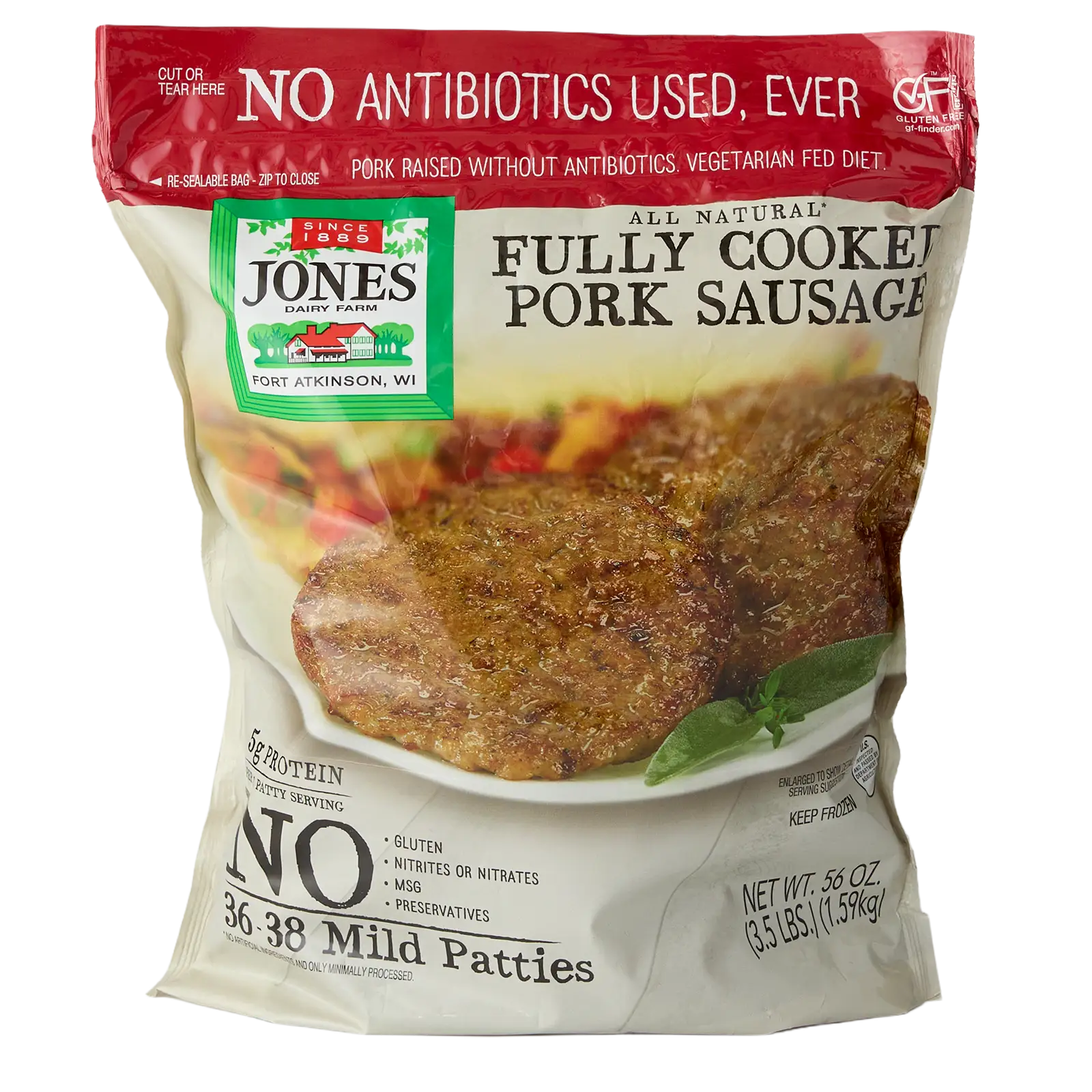 Jones Dairy Farm All Natural Fully Cooked Pork Sausage Patties, 56 oz. resealable Costco bag (3.5 lbs., 36-38 patties), No Antibiotics Ever, vegetarian fed, Certified Gluten-Free