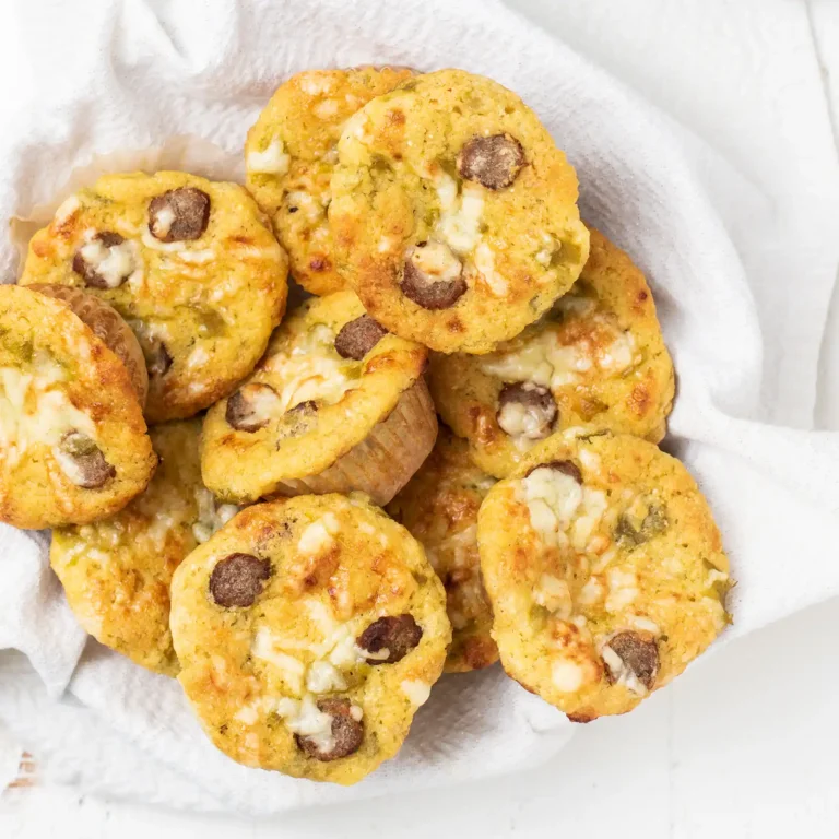 Gluten free sausage cornbread muffins with melted cheddar and green chiles piled in a basket lined with a white towel