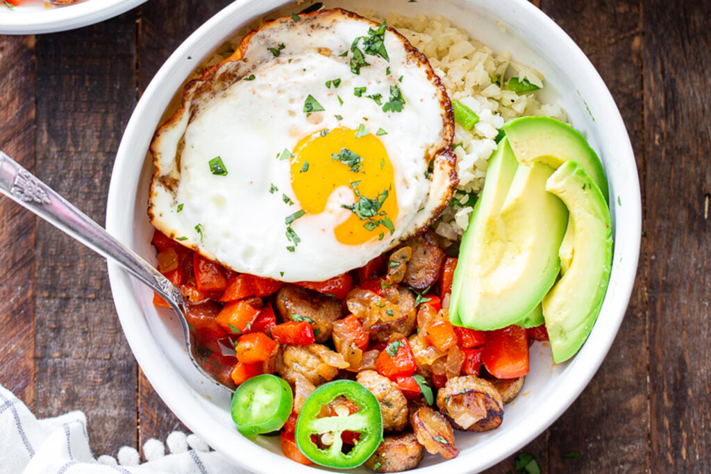 Breakfast Burrito Bowls, Jones Dairy Farm Chicken Sausage
