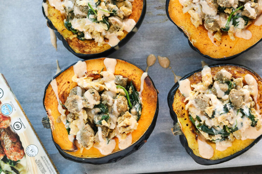 Breakfast Stuffed Acorn Squash, Roasted Squash Filled with Protein-Packed Sausage and Eggs