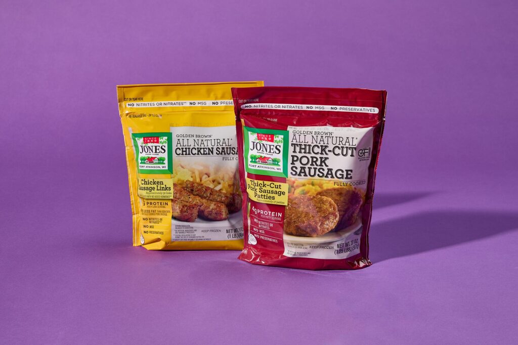 Jones Sausage Resealable Bulk Freezer Bags, Jones All Natural Chicken Sausage Bag and Jones All Natural Thick-Cut Pork Sausage Bag