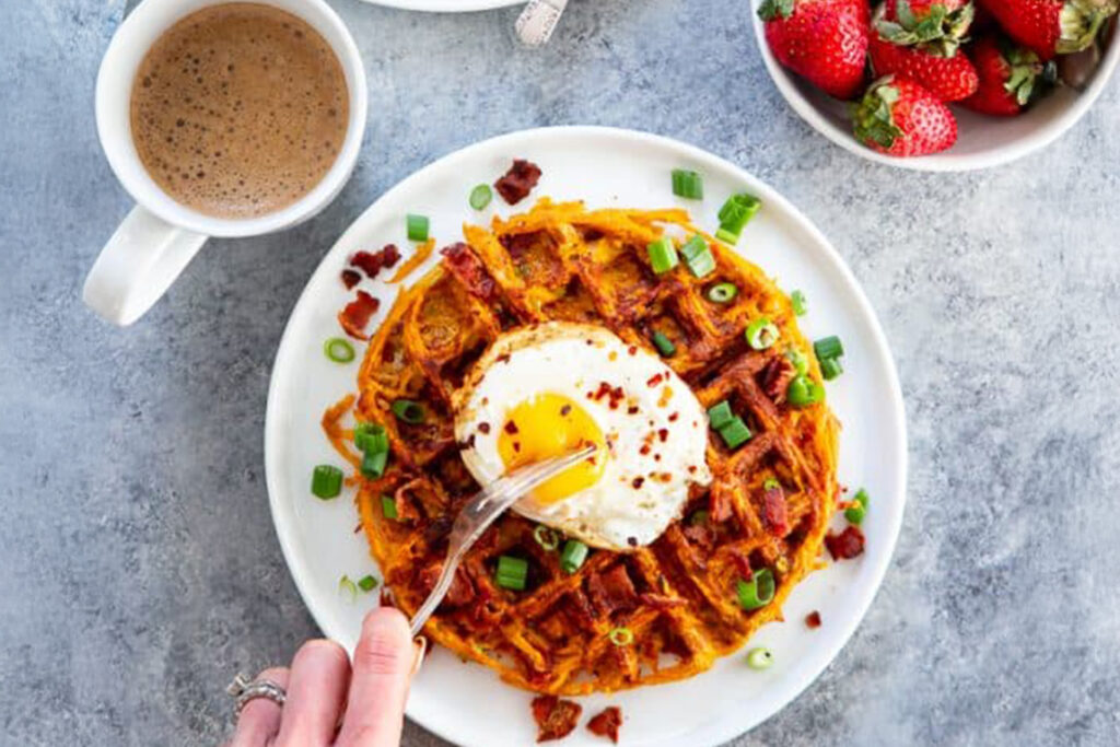 Savory Bacon and Sweet Potato Waffles, Crispy Sweet Potato Waffles with Smoky Bacon