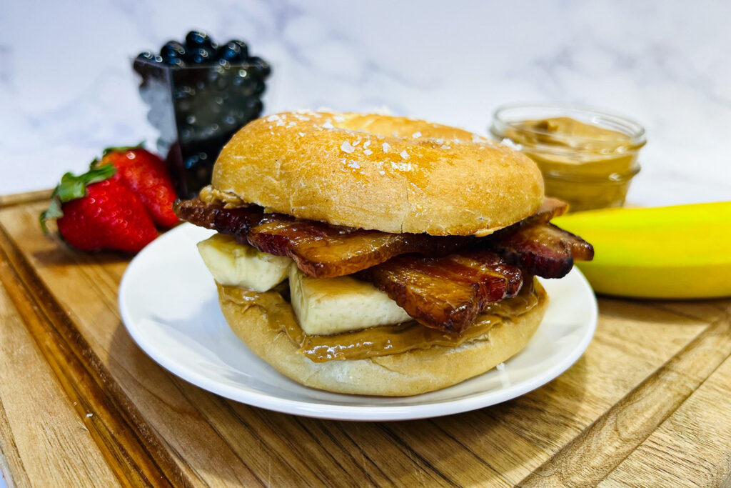 Sweet and Savory Breakfast Recipe, Bacon, Banana, Peanut Butter & Jelly Bagel Sandwich