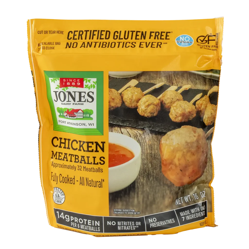 Front of Jones Dairy Farm No Antibiotics Ever Chicken Meatballs 16 oz resealable bag, Certified Gluten Free with no sugar, no nitrites or nitrates, no preservatives, and 14g protein per 6 meatballs, made with only 7 ingredients.