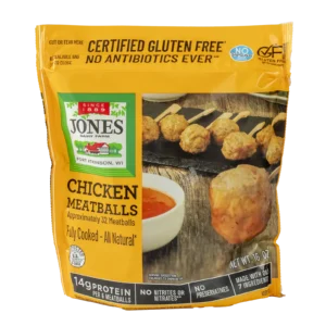 Front of Jones Dairy Farm No Antibiotics Ever Chicken Meatballs 16 oz resealable bag, Certified Gluten Free with no sugar, no nitrites or nitrates, no preservatives, and 14g protein per 6 meatballs, made with only 7 ingredients.