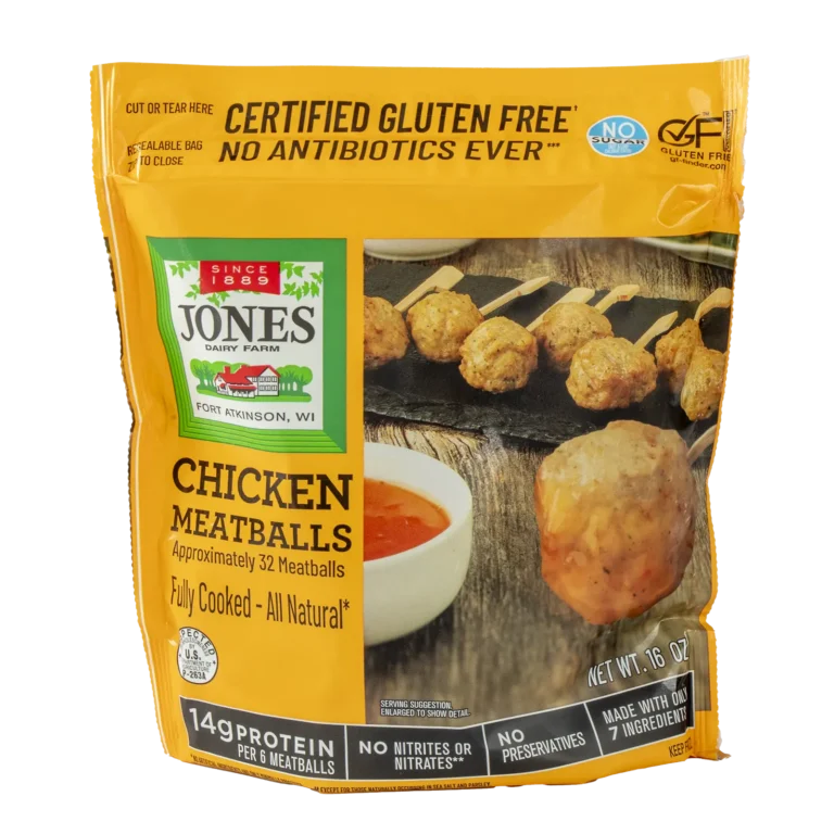 Front of Jones Dairy Farm No Antibiotics Ever Chicken Meatballs 16 oz resealable bag, Certified Gluten Free with no sugar, no nitrites or nitrates, no preservatives, and 14g protein per 6 meatballs, made with only 7 ingredients.