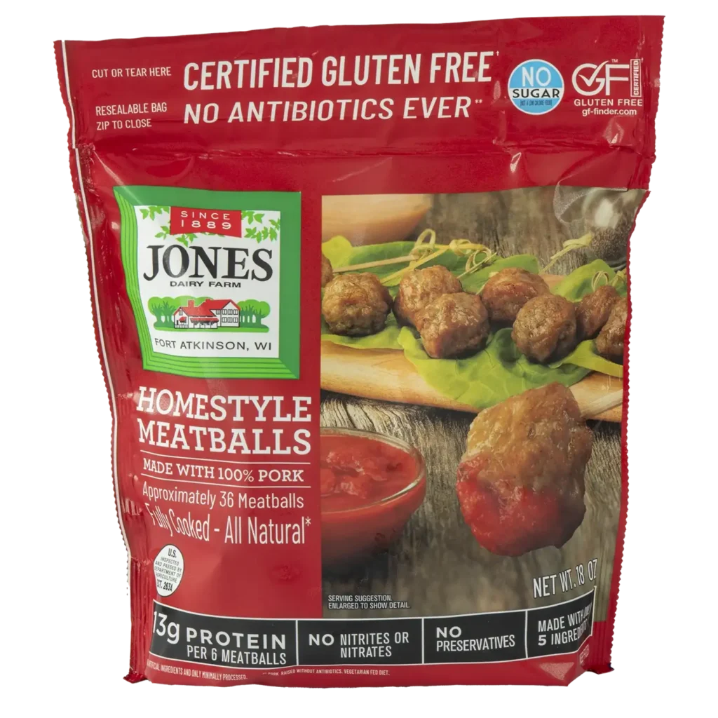 Front of Jones Dairy Farm No Antibiotics Ever Homestyle Meatballs 18 oz resealable bag, made with 100% pork, Certified Gluten Free with no sugar, no nitrites or nitrates, no preservatives, and 13g protein per 6 meatballs, made with only 5 ingredients.