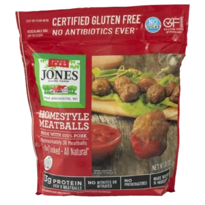 Front of Jones Dairy Farm No Antibiotics Ever Homestyle Meatballs 18 oz resealable bag, made with 100% pork, Certified Gluten Free with no sugar, no nitrites or nitrates, no preservatives, and 13g protein per 6 meatballs, made with only 5 ingredients.