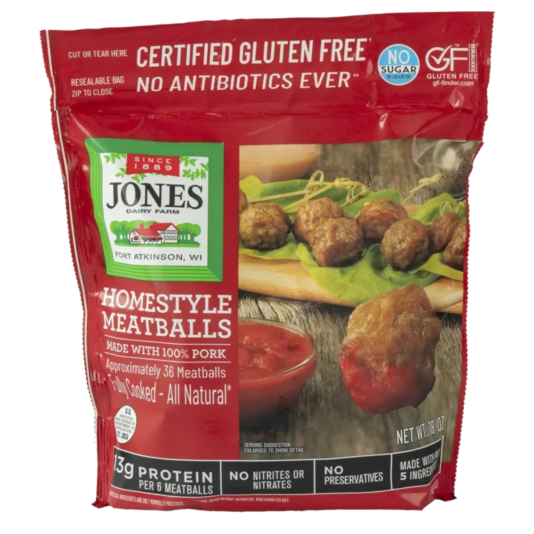 Front of Jones Dairy Farm No Antibiotics Ever Homestyle Meatballs 18 oz resealable bag, made with 100% pork, Certified Gluten Free with no sugar, no nitrites or nitrates, no preservatives, and 13g protein per 6 meatballs, made with only 5 ingredients.
