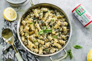 Creamy lemon pasta, with pork sausage, a splash of white wine, lemon juice, and ricotta cheese.