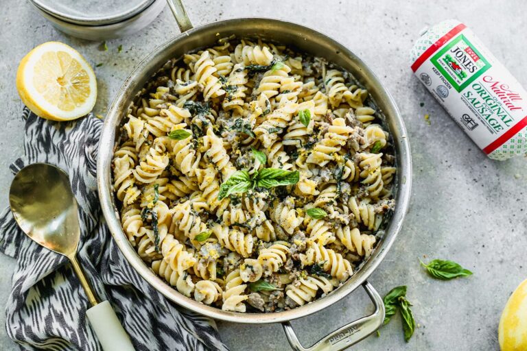 Creamy lemon pasta, with pork sausage, a splash of white wine, lemon juice, and ricotta cheese.