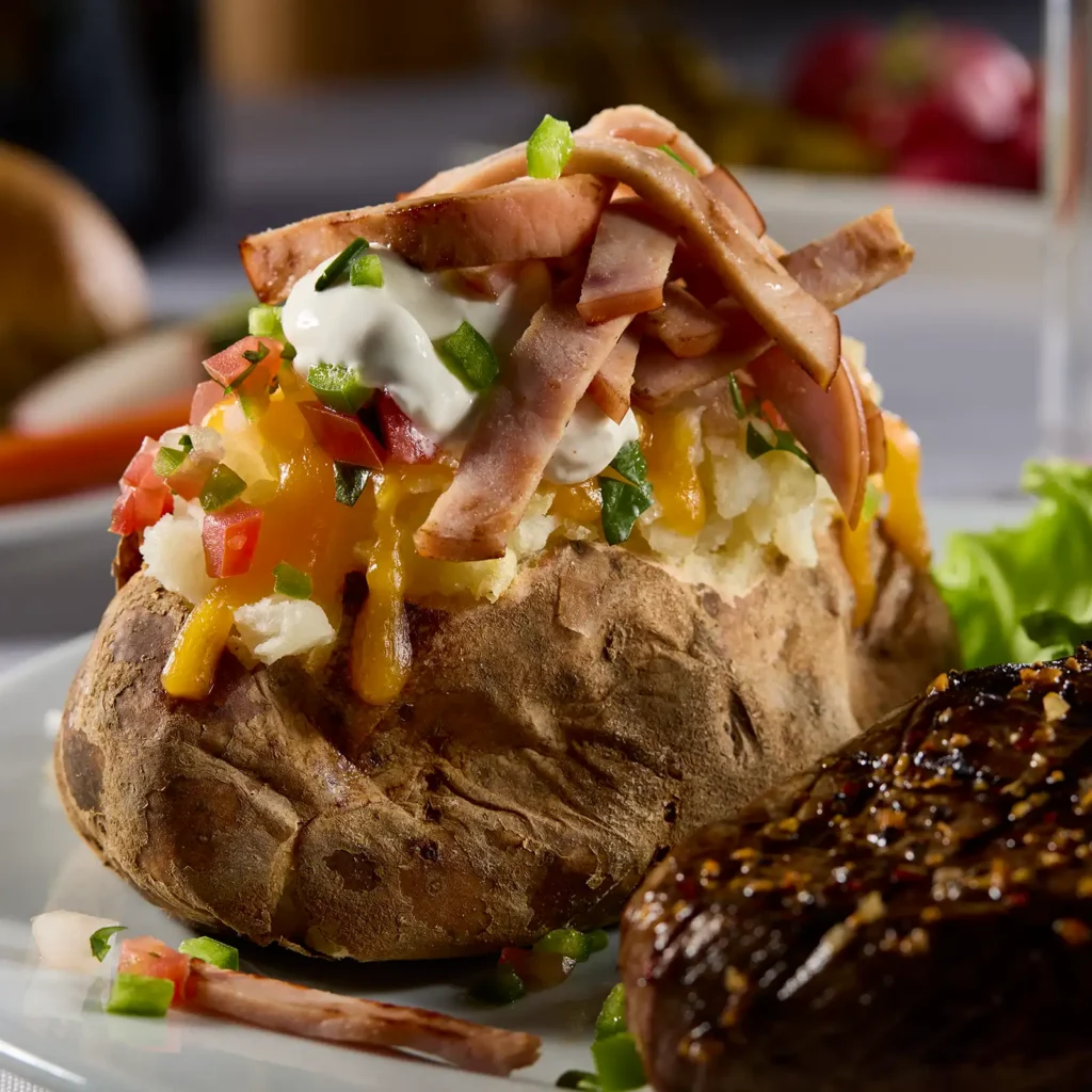 Jones Ham Slices loaded baked potato with melted cheddar, pico de gallo, sour cream, and jalapeño