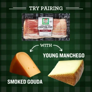 Jones Dairy Farm Dry-Aged Center-Cut Cherrywood Smoked Bacon paired with Smoked Gouda and Young Manchego cheese.