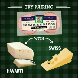 Jones Dairy Farm Center Cut Hickory Smoked Canadian Bacon paired with Havarti and Swiss cheese.