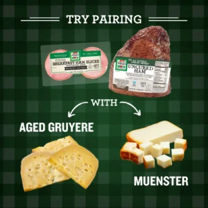 Jones Dairy Farm Hickory Smoked Breakfast Ham Slices and All Natural Hickory Smoked Uncured Ham paired with Aged Gruyere and Muenster cheese.
