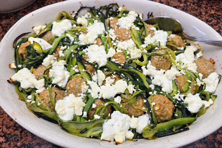 Greek Style Chicken Meatballs with zucchini noodles and feta cheese, Jones Dairy Farm Chicken Meatballs, Jones Foodservice Recipe, Food Service Recipes