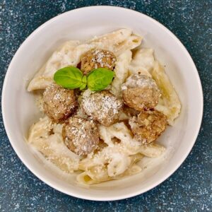 Jones Dairy Farm's Child Nutrition Offerings for Schools, CN, Student Lunch, Foodservice, Menu Ideas, Child Nutrition Sausage, Poultry Sausage for Schools, School Meals, Child Nutrition Offering, Penne Pasta Alfredo with Chicken Meatballs, School Menu Ideas, k12, k-12 menu ideas