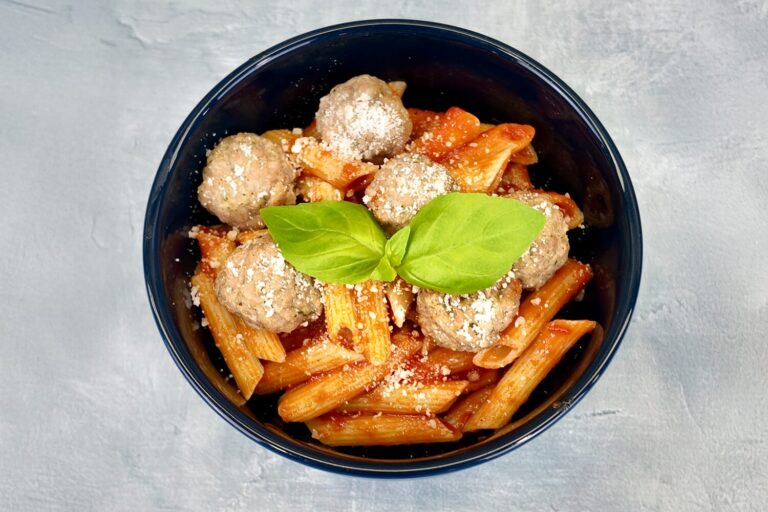 Penne Pasta Marinara with Chicken Meatballs, Jones Dairy Farm Chicken Meatballs, Foodservice Recipe, CN Recipe, School Recipe, Child Nutrition