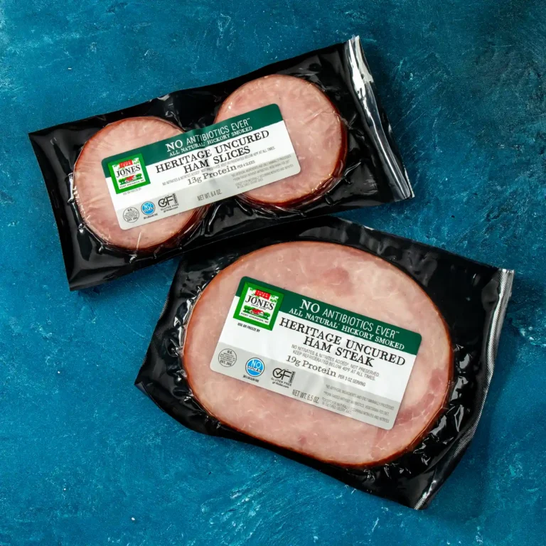 Jones Dairy Farm NO ANTIBIOTICS EVER Heritage Uncured Ham Slices and Heritage Uncured Ham Steak — all natural, hickory smoked, no nitrates added