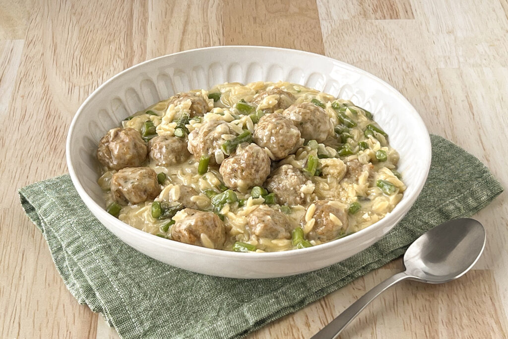 Creamy One-Pot Chicken Meatball Orzo with Asparagus, Chicken Meatballs, Jones Fully Cooked Meatballs, Jones Dairy Farm Chicken Meatballs, Easy Weeknight Dinner with Fully Cooked Meatballs