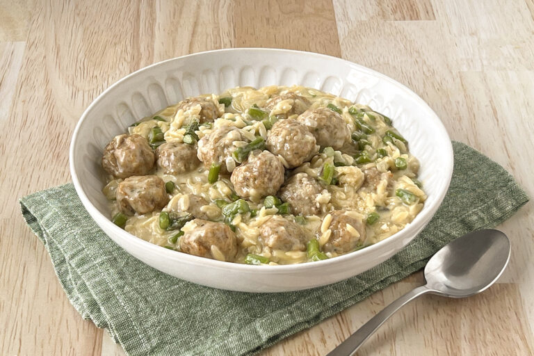 Creamy One-Pot Chicken Meatball Orzo with Asparagus, Chicken Meatballs, Jones Fully Cooked Meatballs, Jones Dairy Farm Chicken Meatballs, Easy Weeknight Dinner with Fully Cooked Meatballs